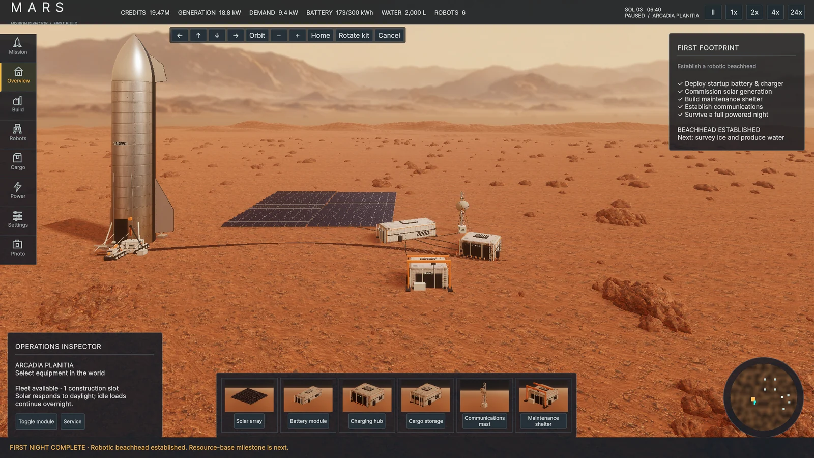 Real current-build capture: robotic outpost, solar arrays and the opening mission interface