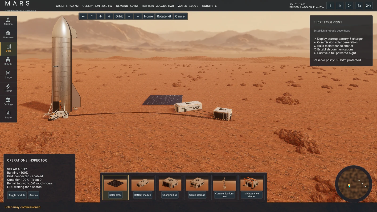 Current development build showing a solar array construction selection and commissioned equipment